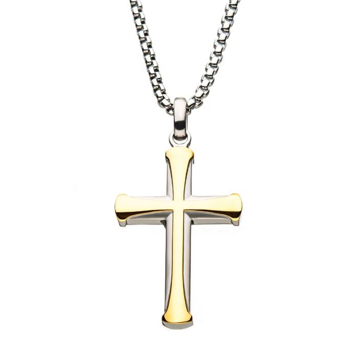 Men's Stainless Steel Gold Plated Apostle Cross Pendant with Steel Bold Box Chain. 24 inch long.