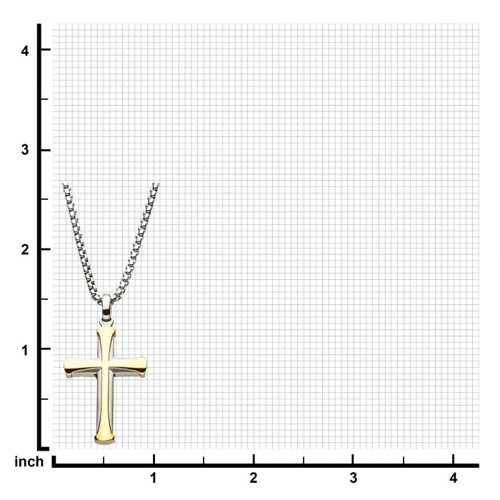 Men's Stainless Steel Gold Plated Apostle Cross Pendant with Steel Bold Box Chain. 24 inch long.