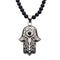 Men's Stainless Steel with Centerpiece Black Agate Stone Hamsa Pendant, with 24 inch long Black Agate Stone Bead Necklace.