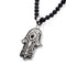 Men's Stainless Steel with Centerpiece Black Agate Stone Hamsa Pendant, with 24 inch long Black Agate Stone Bead Necklace.
