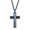 Men's Stainless Steel Black Plated with Blue Thin Line Cross Pendant with 24 inch long Black Round Wheat Chain.