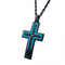Men's Hammered Blue Line Cross with CZ Stainless Steel Pendant on 24" Black Rope Polished Chain.