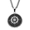 Men's Stainless Steel and Black Plated Ship's Wheel Compass Pendant with 24 inch Long Steel Wheat Chain.